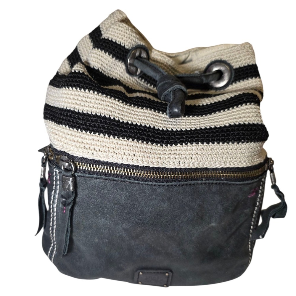 The Sak Crochet Stripe Drawstring Bucket Backpack Leather Accent Small